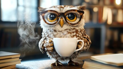 Cute owl with glasses enjoys coffee in a library