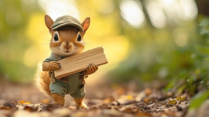Obraz premium Cute squirrel carrying a sign in a forest