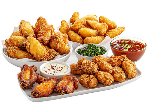 Crispy Fried Chicken Wings and Tenders Platter with Dipping Sauces, PNG