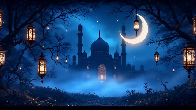 Mystical Mosque at Night Under a Crescent Moon