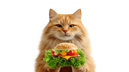 Hungry Cat with a Burger: A ginger cat with piercing green eyes gazes intently at the camera, holding a juicy burger in its paws. The cat's expression is a mix of curiosity and hunger.