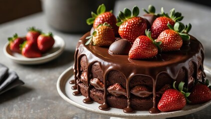 Stylish chocolate strawberry cake in a kitchen