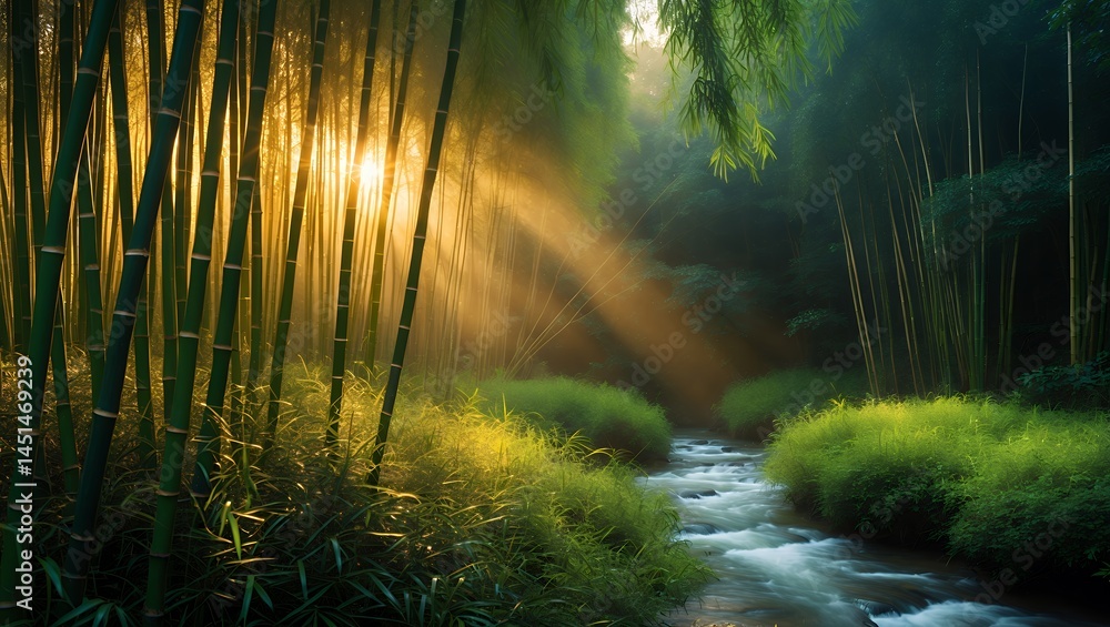 Poster flowing stream through bamboo forest with sunlight filtering through trees