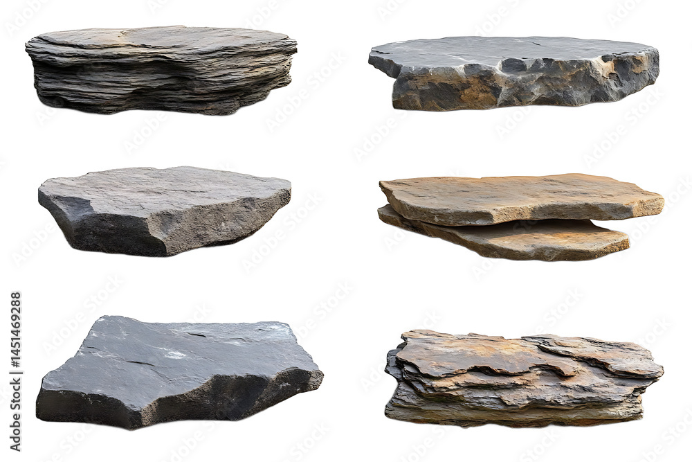 Poster a collection of six flat stones of varying sizes and colors on a black background in a grid pattern