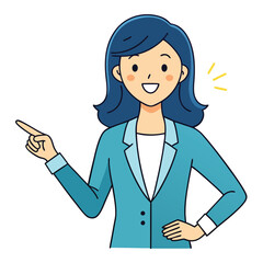 Business woman pointing finger at something. Happy face. Hand drawn style vector design illustrations. 