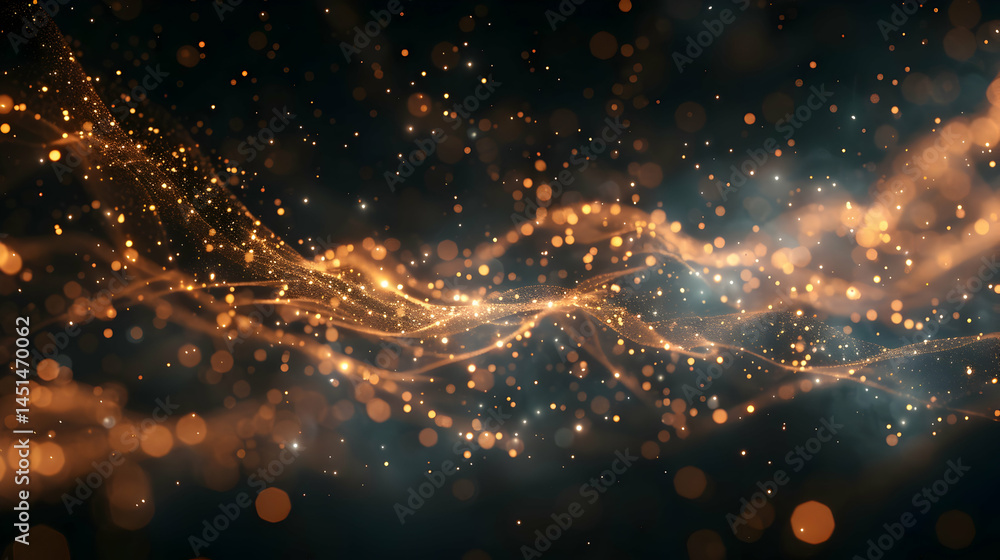 Poster abstract digital design with shimmering particles and waves.