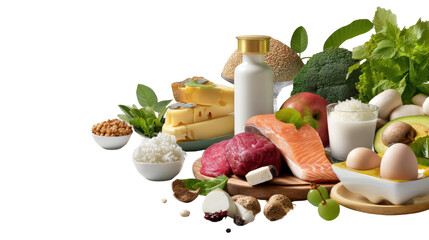Nutritional Symphony: A vibrant and delicious collection of food and ingredients including seafood, eggs, mushroom and cheese