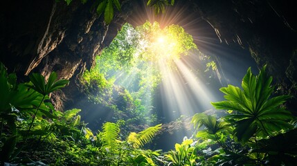 Obraz premium Sunbeams illuminate lush jungle cave. Explore nature's beauty