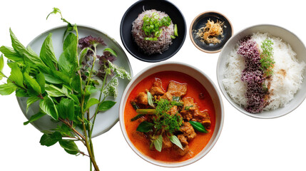 Culinary Delight: An eye-level shot captures an enticing array of meticulously arranged dishes, including a vibrant red curry, fluffy white rice, and a sprig of fresh green basil.