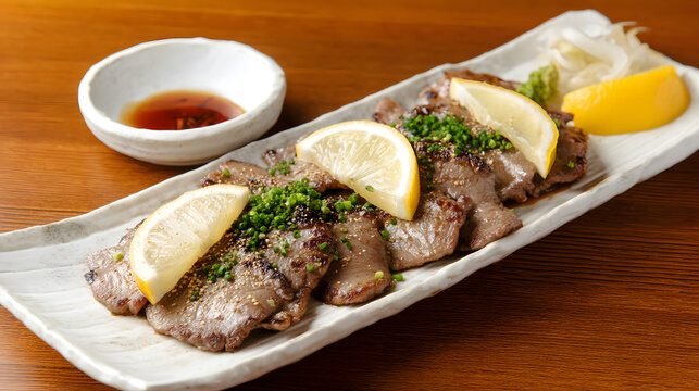 Grilled Beef Tongue Gyutan Yaki Served with Lemon Slices and Accompaniments on a Wooden Table