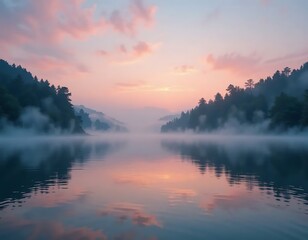 Serene landscape of a misty lake mirroring pink sunrise sky amid silhouetted trees evokes calm