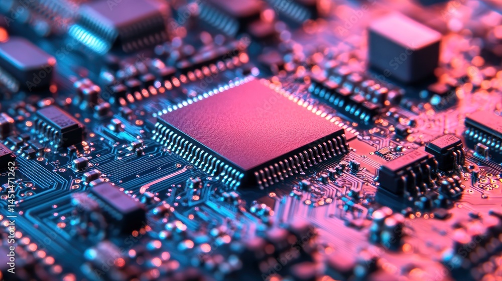 Poster close-up view of a circuit board's intricate design, showcasing the complex circuitry and a prominen