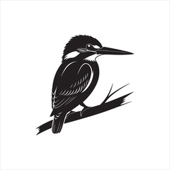 Kingfisher Bird Silhouette Clipart, Black Kingfisher Outline on White Background