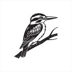 Kingfisher Bird Silhouette Clipart, Black Kingfisher Outline on White Background