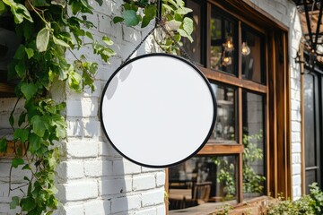 Blank circular sign hangs from a white brick wall,  surrounded by greenery,  above a window of a cafe