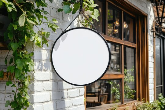 Blank circular sign hangs from a white brick wall,  surrounded by greenery,  above a window of a cafe