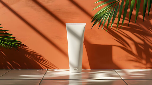 Empty tube of cream product on terracotta backdrop.