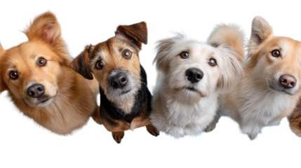Playful Pup Portrait: A captivating group of four adorable dogs, each with their own unique expression, gaze upwards with curiosity and charm. This delightful image celebrates canine companionship.