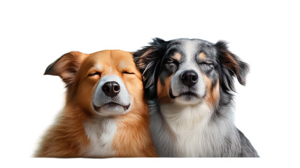 Fototapeta premium Sleepy Duo: Two adorable dogs, a red and a blue merle, snuggle close, eyes gently closed in a heartwarming display of canine companionship. 