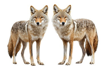 Fototapeta premium Two realistic coyotes, full body, transparent background, PNG