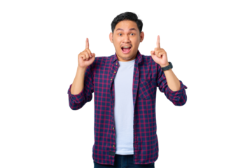 Amazed young Asian man in plaid shirt pointing fingers up, inviting use link isolated on transparent background