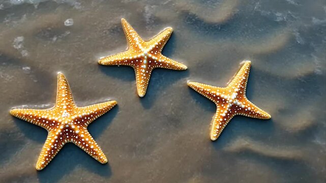 Three vibrant starfish resting on a damp sandy shore in the sun light casting subtle shadows highlighting intricate patterns on the beach