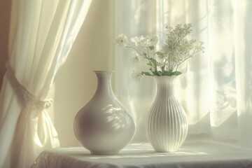 elegant white vases on tabletop with soft daylight from window