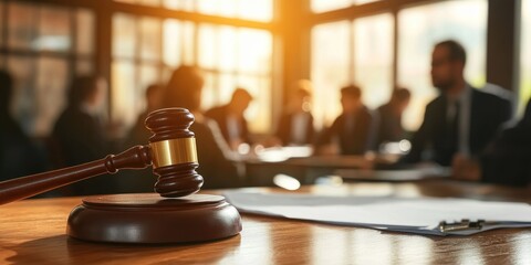 The wooden gavel of the judge is placed on top, and blurred people in suits sit at an office table with documents.
