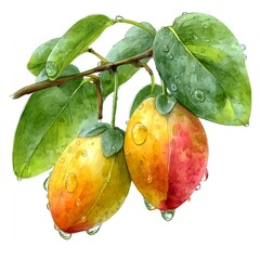 A vibrant watercolor painting depicts juicy, ripe jujubes glistening with dew drops on a leafy branch.