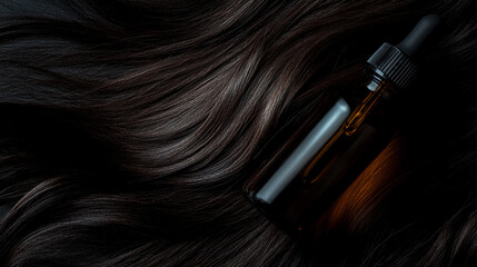Naklejka premium Close-up of dark brown hair with a bottle, flat lay, on a black background. Hair oil for growth and health care concept.