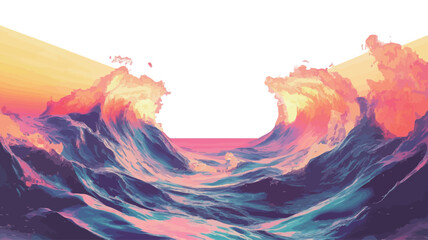 A digitally created hyper-realistic illustration of two stylized crested ocean waves. The waves are rendered in a painterly, almost impressionistic technique using vibrant.