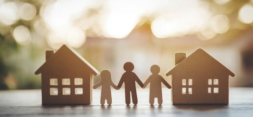 Three paper figures of people holding hands next to the house, on which there is an open window and door.