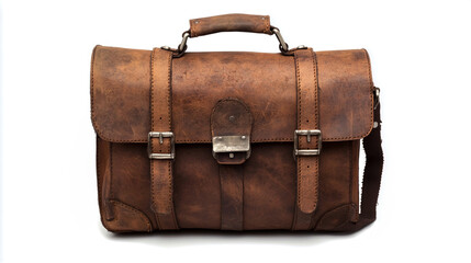 Front view of a leather briefcase isolated on a white background, detailed photograph, PNG format
