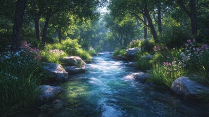 Peaceful Forest River Stream with Wildflowers and Sunlight &ndash; Nature Landscape Illustration
