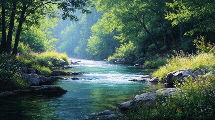 Fototapeta premium Peaceful Forest River Stream with Wildflowers and Sunlight – Nature Landscape Illustration