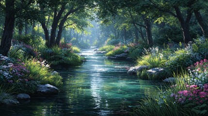 Obraz premium Peaceful Forest River Stream with Wildflowers and Sunlight – Nature Landscape Illustration