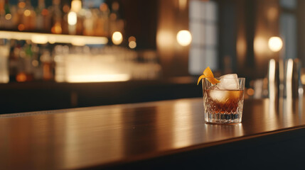 Refreshing cocktail with ice and citrus twist sits on polished bar top, inviting relaxation