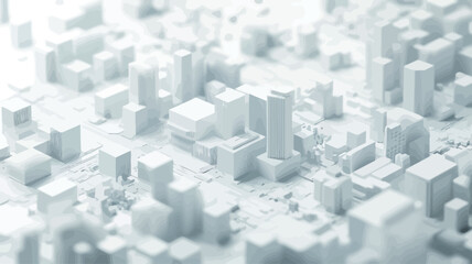 High angle close up, 3D rendered cityscape made entirely of white geometric building blocks of varying heights and sizes, image has shallow depth of field to draw focus.