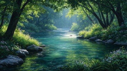 Obraz premium Peaceful Forest River Stream with Wildflowers and Sunlight – Nature Landscape Illustration