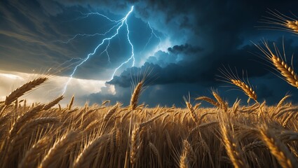 Wheat Field Under a Stormy Sky with Visible Lightning Strike