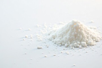 White sugar crystals scattered on white background, powder, culinary, cane sugar