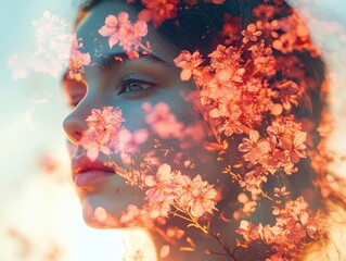 Portrait of a young woman surrounded by blooming flowers at sunset, evoking tranquility