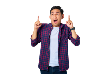 Amazed young Asian man in plaid shirt pointing fingers up, inviting use link isolated on transparent background