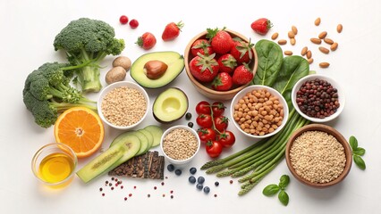 Flat lay of healthy foods including fresh vegetables, fruits, grains, and nuts on a white background. Bright natural colors, perfect for themes of healthy lifestyle, diet, and organic nutrition.