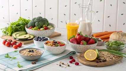 Flat lay of healthy foods including fresh vegetables, fruits, grains, and nuts on a white background. Bright natural colors, perfect for themes of healthy lifestyle, diet, and organic nutrition.