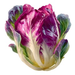 Obraz premium A vibrant red and green radicchio head with detailed textures and water droplets is isolated on a pure white background.