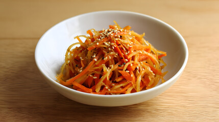 Colorful Kinpira Gobo Stir-Fried Burdock Root and Carrots with Sesame Seeds in a White Bowl