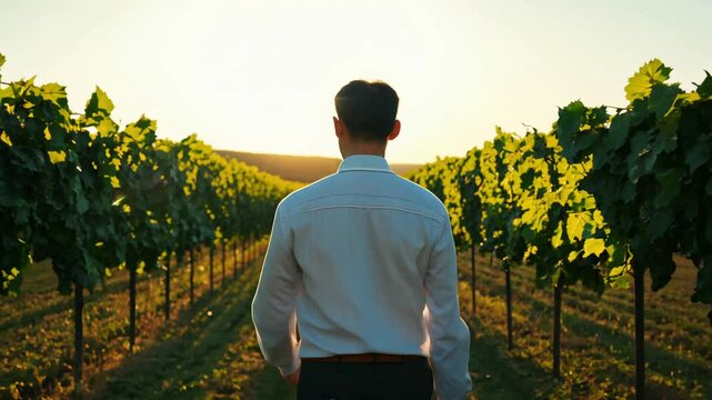 The camera slowly zooms in as a young asian man in a kosovorotka walks confidently, facing the camera, through a vineyard, he walks smiling