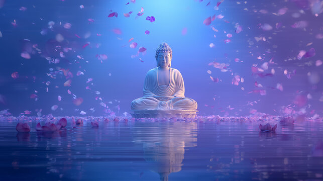 Asalha Puja Festival banner, Buddha statue floating on a calm lake surrounded by aura light and flying flower petals, blue to purple gradient banner background with copy space below, Ai generated