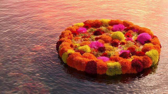 Bathukamma Early Ritual, Bathukamma flower arrangement floating in colorful pattern on river, Ai generated images